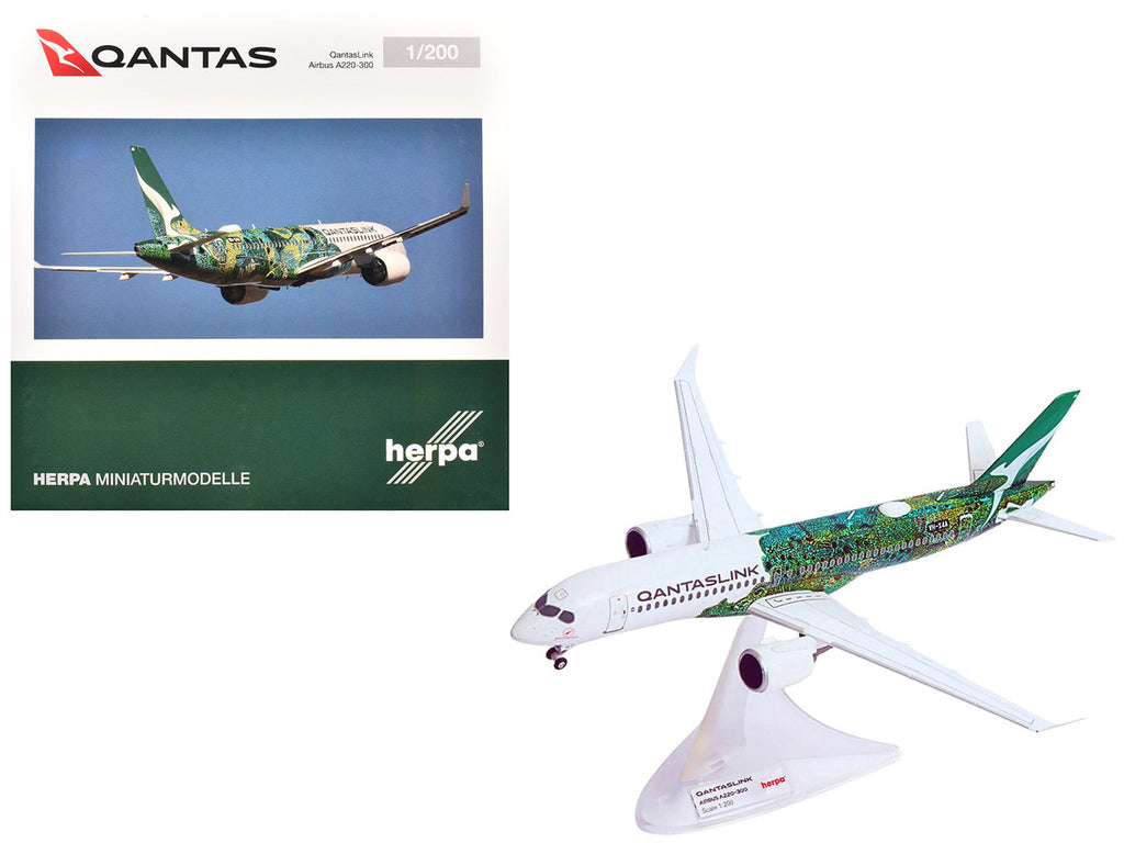 Airbus A220-300 Commercial Aircraft "QantasLink Flying Art Series - Minyma Kutjara Tjukurpa" (VH-X4A) White with Green Graphics 1/200 Diecast Model by Herpa-3