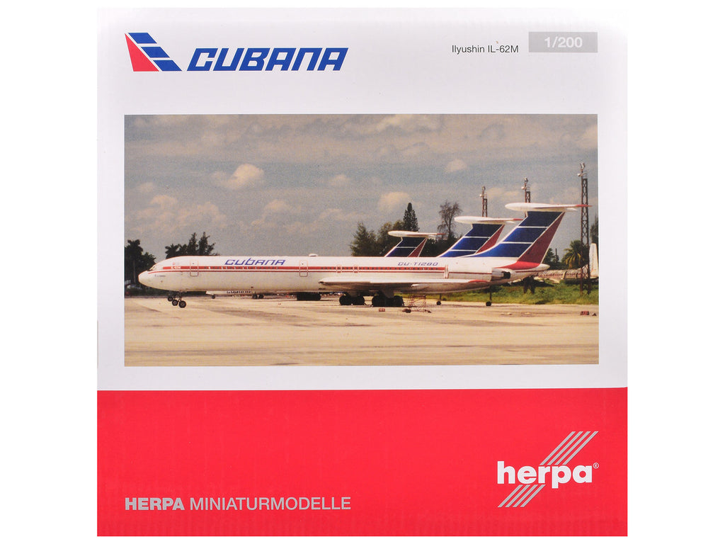 Ilyushin IL-62M Commercial Aircraft "Cubana de Aviacion" (T1280) White with Blue and Red Tail 1/200 Diecast Model Airplane by Herpa-0