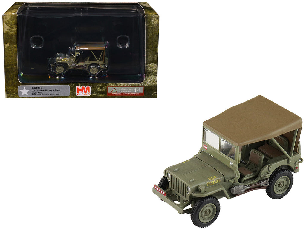 U.S. 1/4 ton Military Vehicle Olive Drab "Gen. Douglas MacArthur Leyte WWII" (1945) United States Army "Ground Power Series" 1/72 Diecast Model by Hobby Master-4