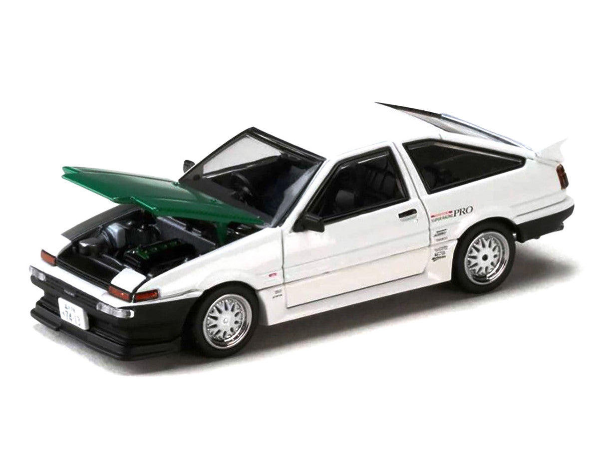 Toyota Sprinter Trueno (AE86) RHD (Right Hand Drive) "Keiichi Tsuchiya - Dori Dori Mesh Wheels" White with Green Carbon Hood 1/64 Diecast Model Car by Hobby Japan-3