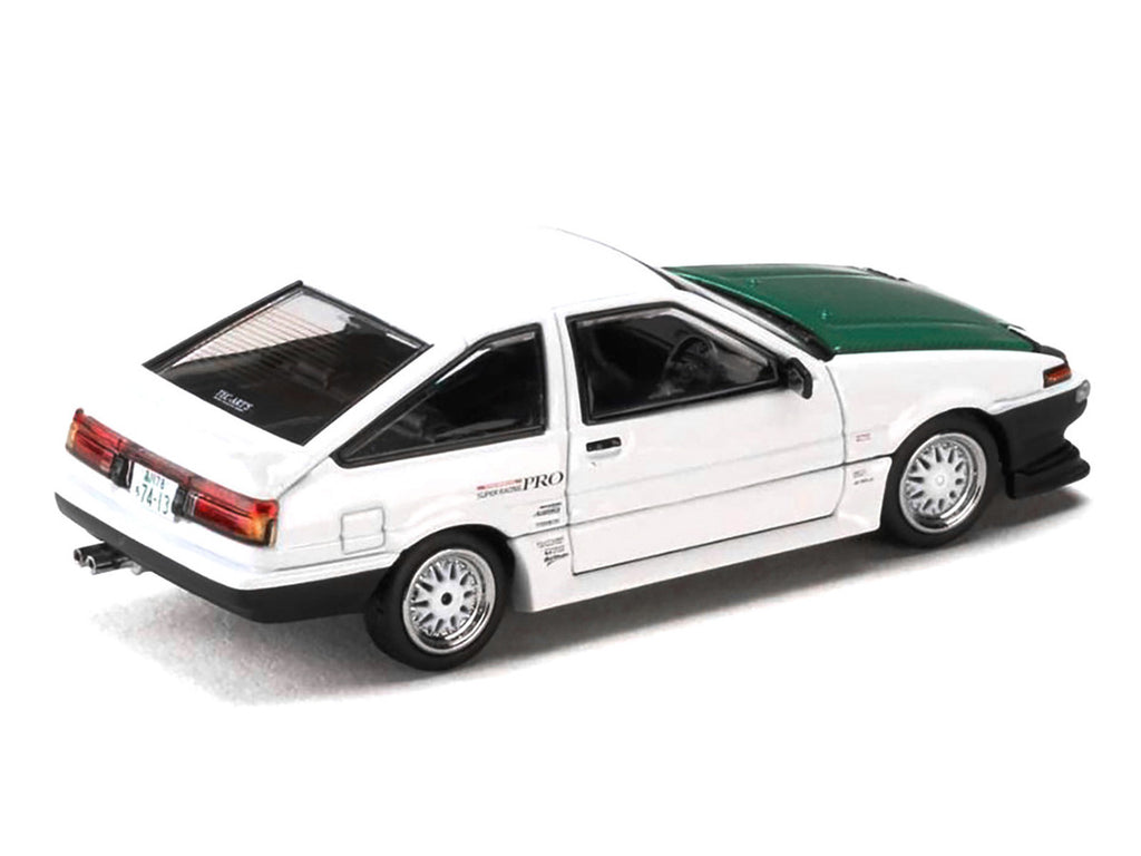 Toyota Sprinter Trueno (AE86) RHD (Right Hand Drive) "Keiichi Tsuchiya - Dori Dori Mesh Wheels" White with Green Carbon Hood 1/64 Diecast Model Car by Hobby Japan-1