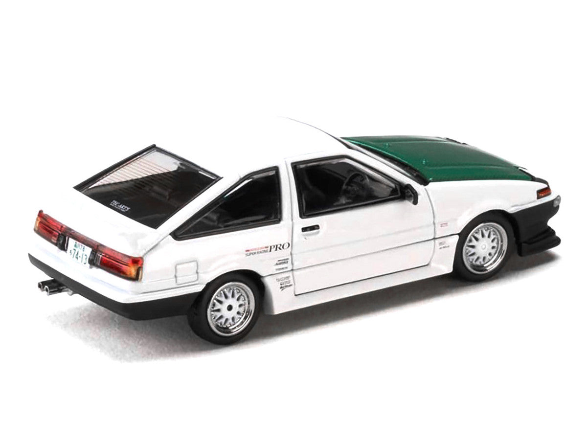Toyota Sprinter Trueno (AE86) RHD (Right Hand Drive) "Keiichi Tsuchiya - Dori Dori Mesh Wheels" White with Green Carbon Hood 1/64 Diecast Model Car by Hobby Japan-1