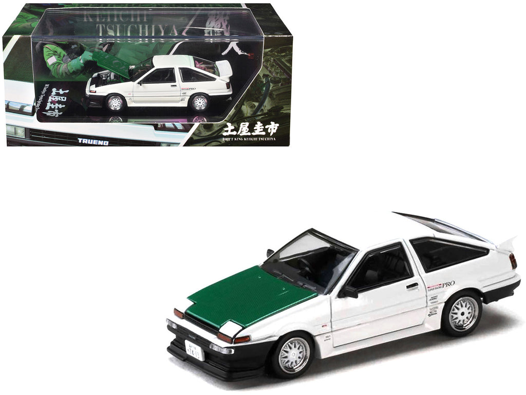 Toyota Sprinter Trueno (AE86) RHD (Right Hand Drive) "Keiichi Tsuchiya - Dori Dori Mesh Wheels" White with Green Carbon Hood 1/64 Diecast Model Car by Hobby Japan-4