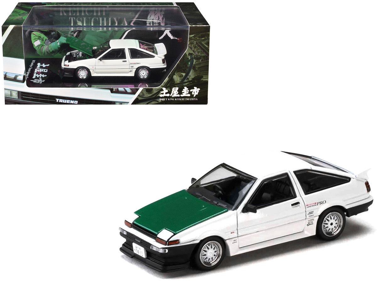 Toyota Sprinter Trueno (AE86) RHD (Right Hand Drive) "Keiichi Tsuchiya - Dori Dori Mesh Wheels" White with Green Carbon Hood 1/64 Diecast Model Car by Hobby Japan-4