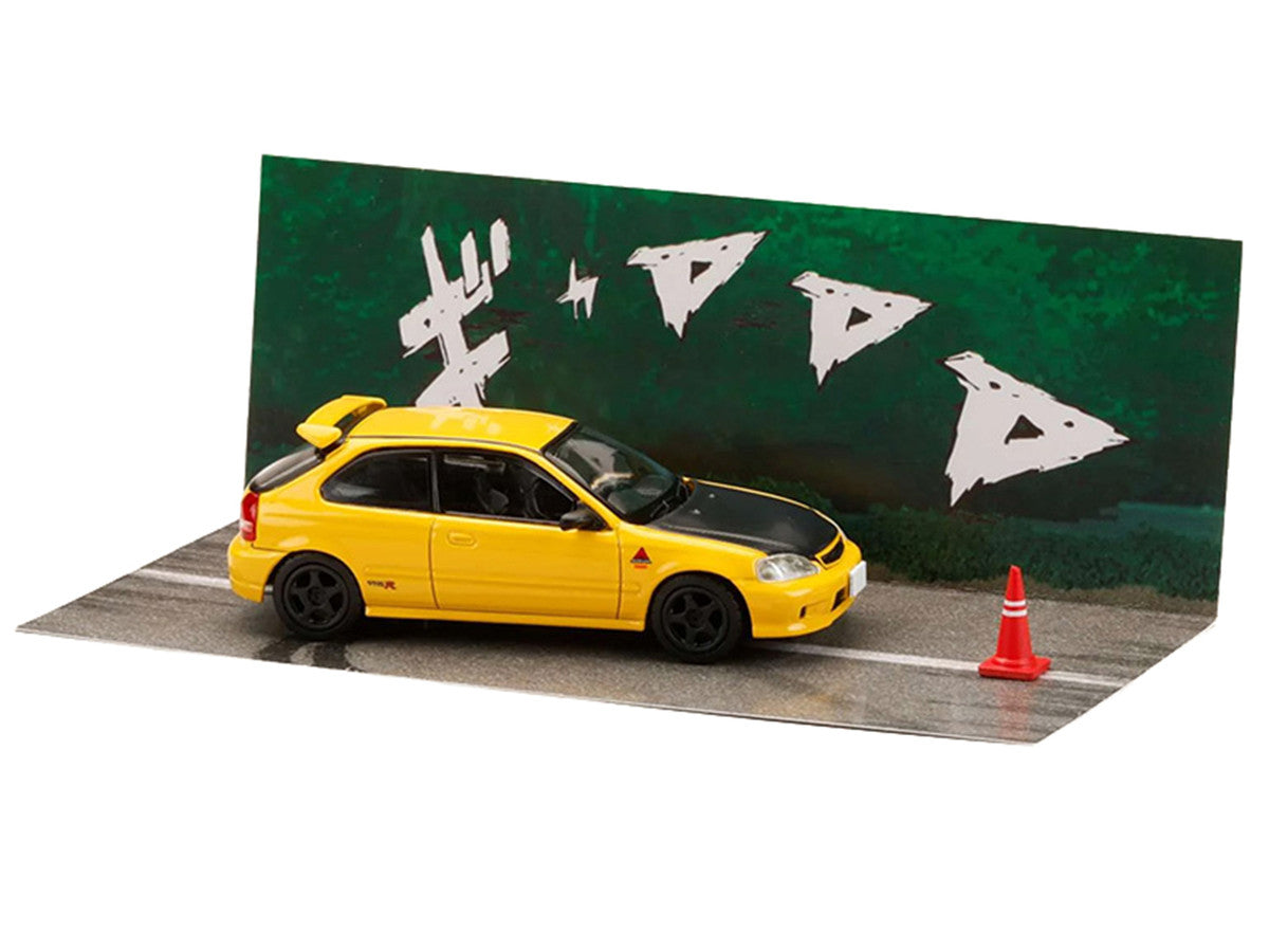 Honda Civic (EK9) RHD (Right Hand Drive) Yellow with Carbon Hood "Initial D" (1995-2013) Manga "Diorama Set Series" 1/64 Diecast Model car by Hobby Japan-1