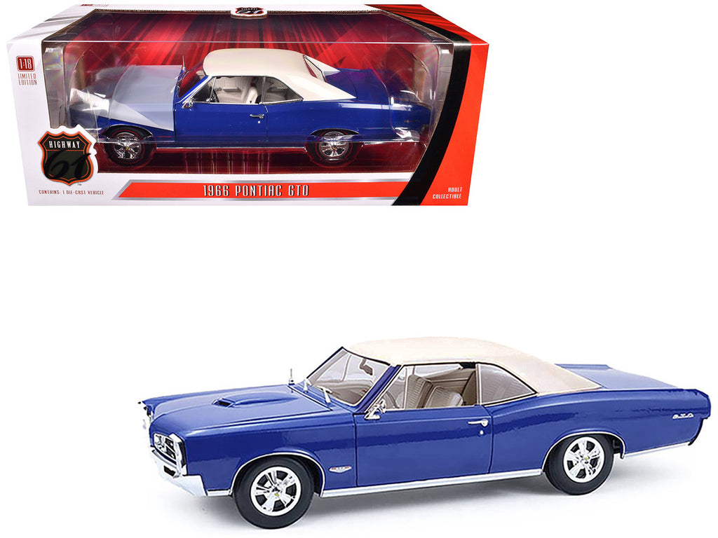 1966 Pontiac GTO Barrier Blue with White Top and Interior 1/18 Diecast Model Car by Highway 61-3