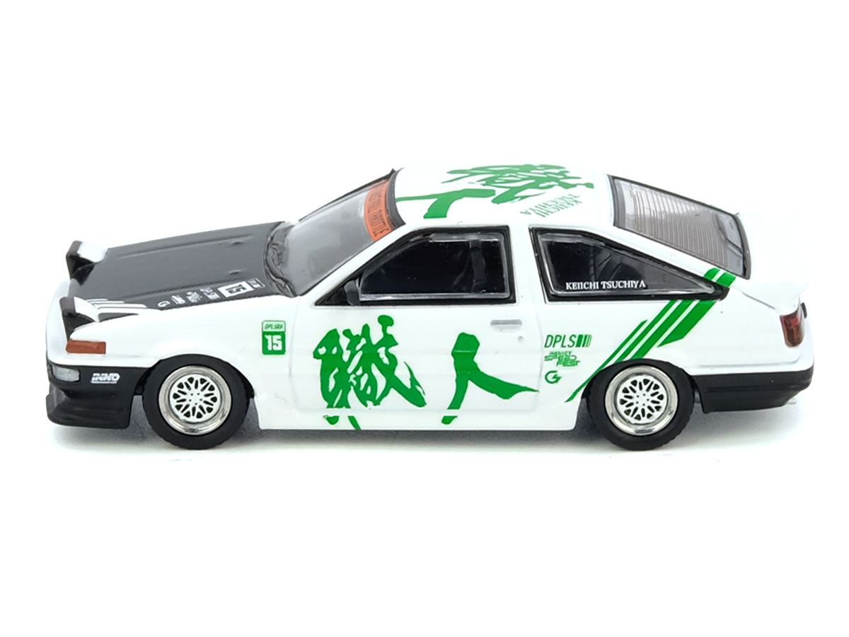 Toyota Sprinter Trueno (AE86) RHD (Right Hand Drive) #15 "Keiichi Tsuchiya" White with Green Graphics 1/64 Diecast Model Car by Inno Models-3