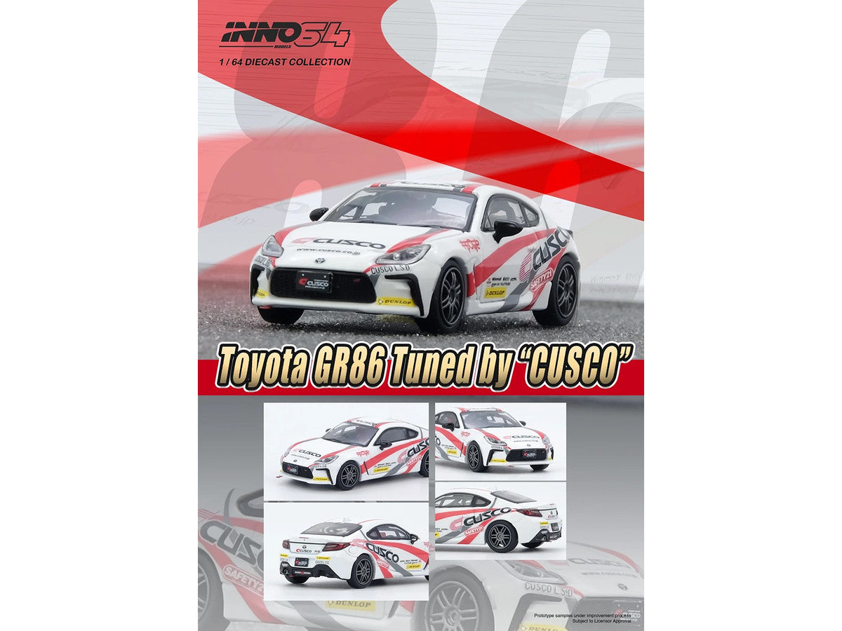 Toyota GR86 Tuned by "CUSCO" RHD (Right Hand Drive) White with Red and Gray Stripes 1/64 Diecast Model Car by Inno Models-1