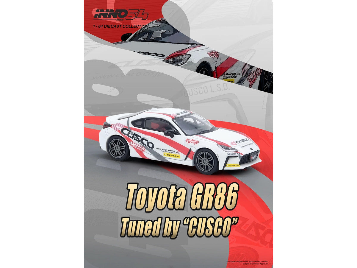 Toyota GR86 Tuned by "CUSCO" RHD (Right Hand Drive) White with Red and Gray Stripes 1/64 Diecast Model Car by Inno Models-0