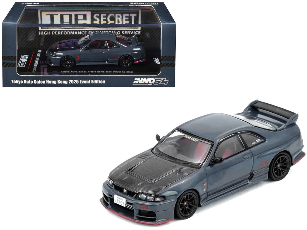 Nissan Top Secret Skyline GT-R (BCNR33) RHD (Right Hand Drive) Stealth Gray with Carbon Hood "Tokyo Auto Salon Hong Kong 2025 Event Edition" 1/64 Diecast Model Car by Inno Models-0