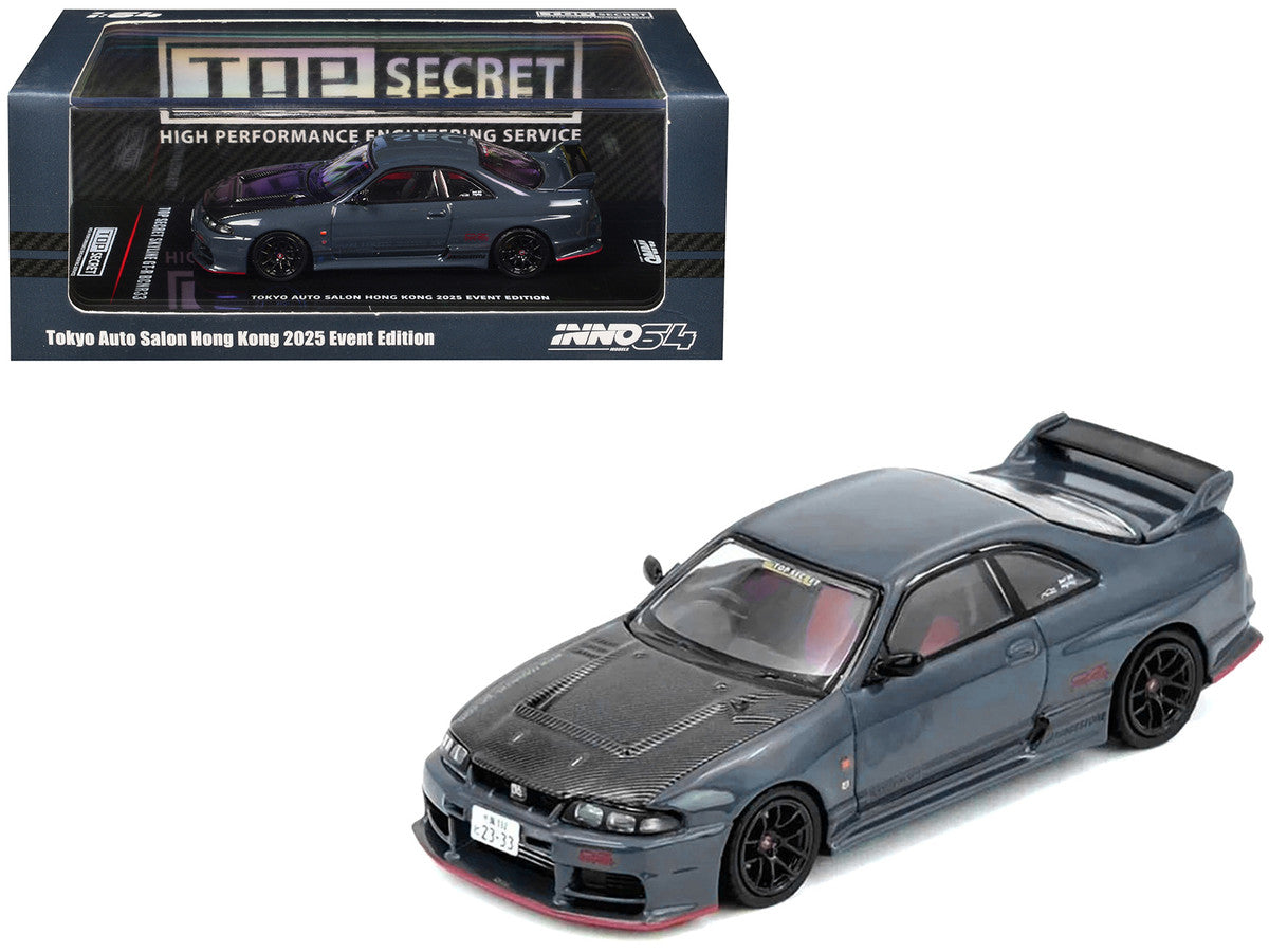Nissan Top Secret Skyline GT-R (BCNR33) RHD (Right Hand Drive) Stealth Gray with Carbon Hood "Tokyo Auto Salon Hong Kong 2025 Event Edition" 1/64 Diecast Model Car by Inno Models-0
