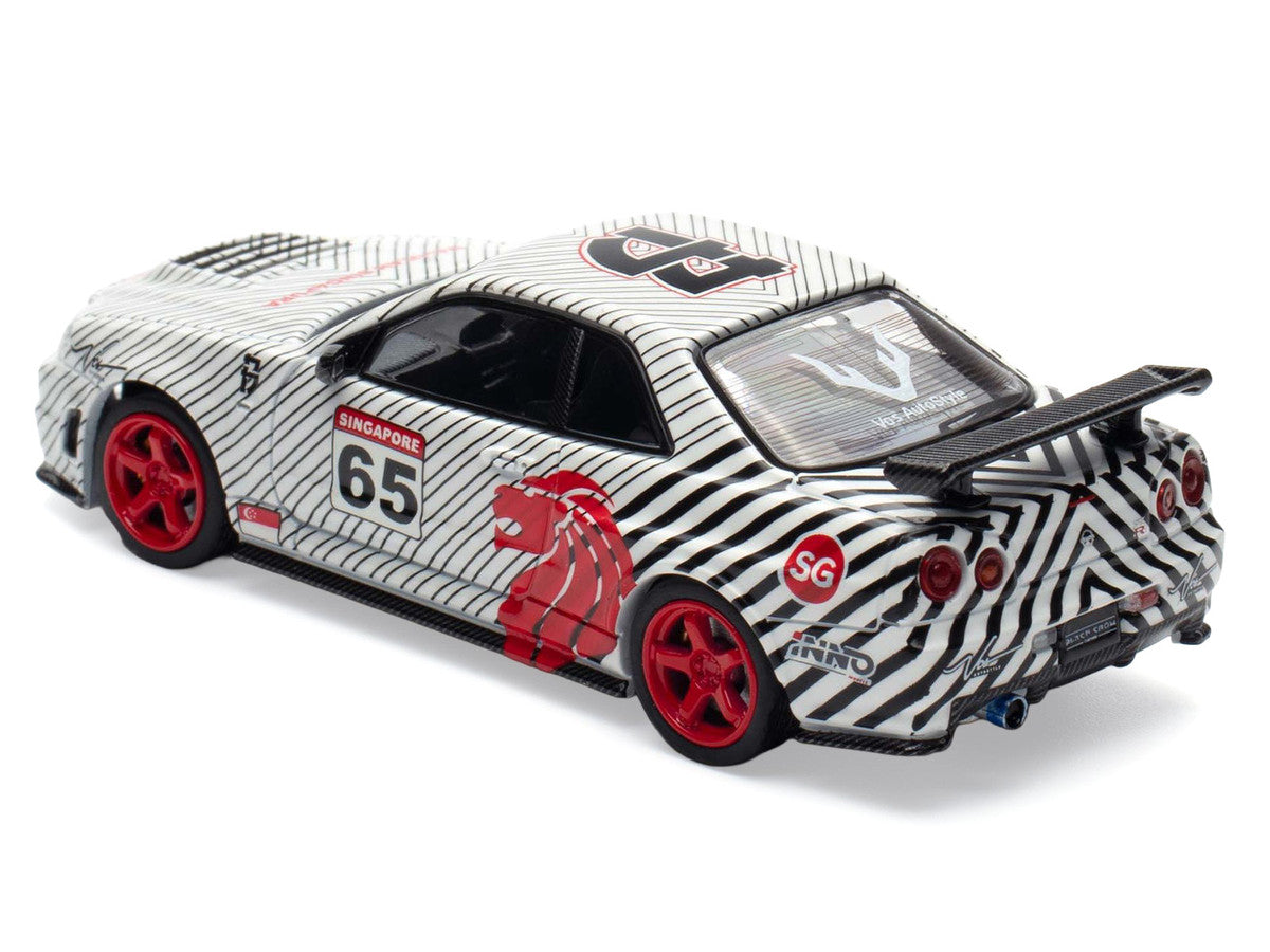 Nissan Skyline GT-R (R34) RHD (Right Hand Drive) #65 "Black Crow" White with Black Pinstripes "Singapore Diecast Expo 2025 Event Edition" 1/64 Diecast Model Car by Inno Models-1