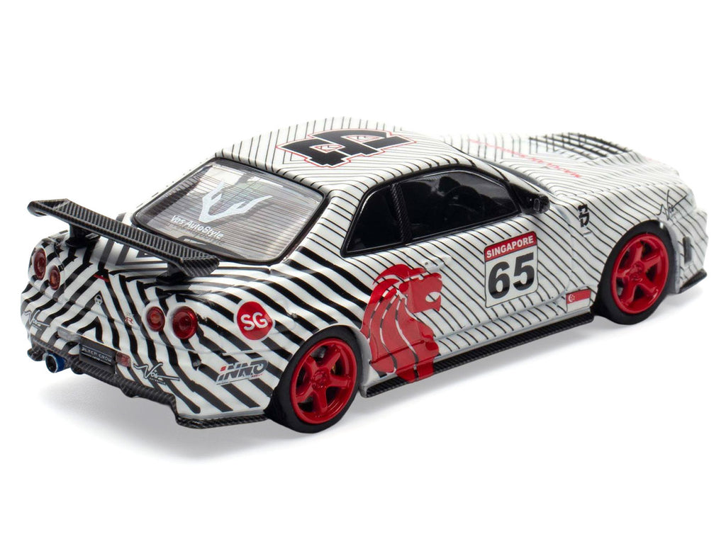 Nissan Skyline GT-R (R34) RHD (Right Hand Drive) #65 "Black Crow" White with Black Pinstripes "Singapore Diecast Expo 2025 Event Edition" 1/64 Diecast Model Car by Inno Models-0