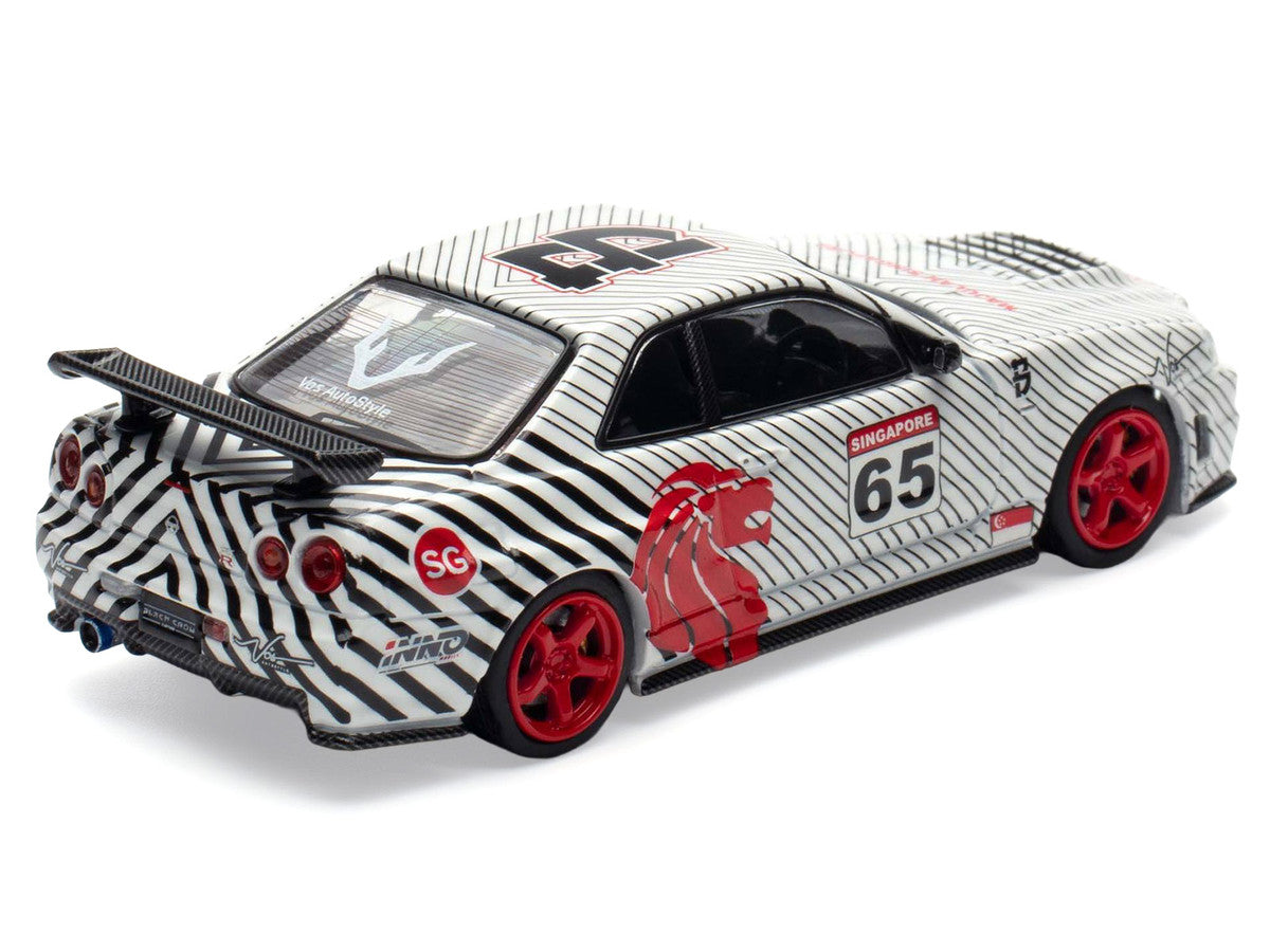 Nissan Skyline GT-R (R34) RHD (Right Hand Drive) #65 "Black Crow" White with Black Pinstripes "Singapore Diecast Expo 2025 Event Edition" 1/64 Diecast Model Car by Inno Models-0
