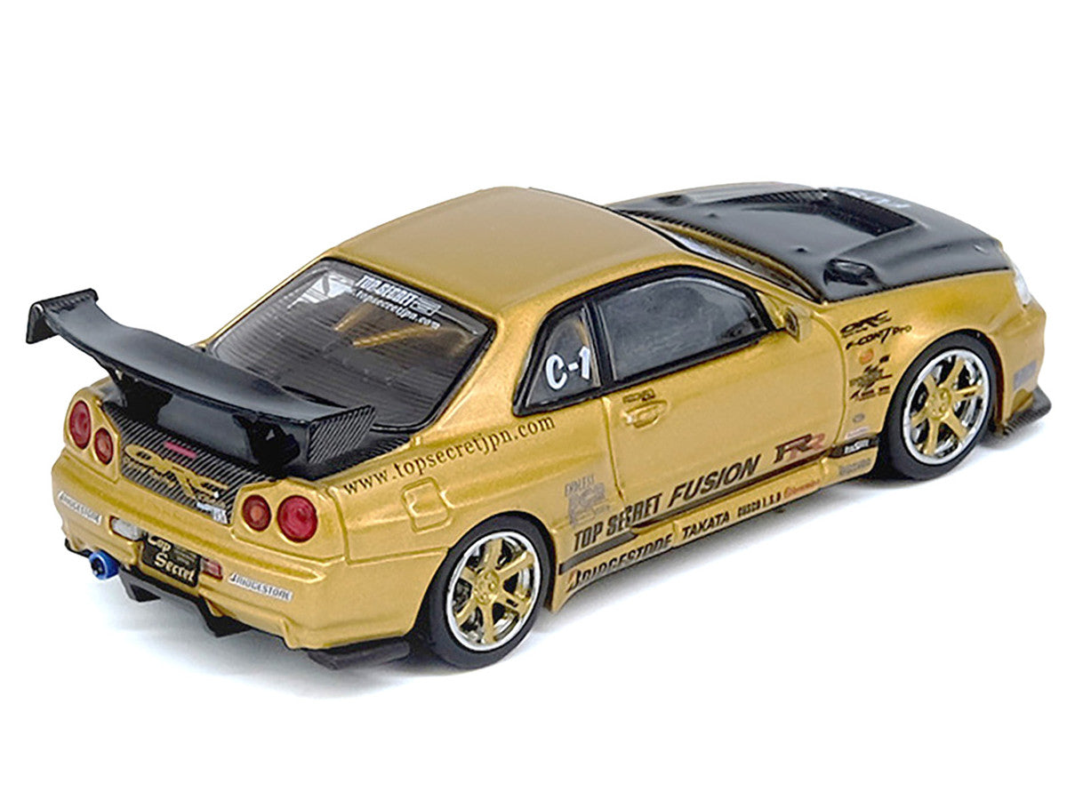 Nissan Skyline GT-R (R34) RHD (Right Hand Drive) "Top Secret" Gold Metallic with Carbon Hood and Trunk 1/64 Diecast Model Car by Inno Models-1