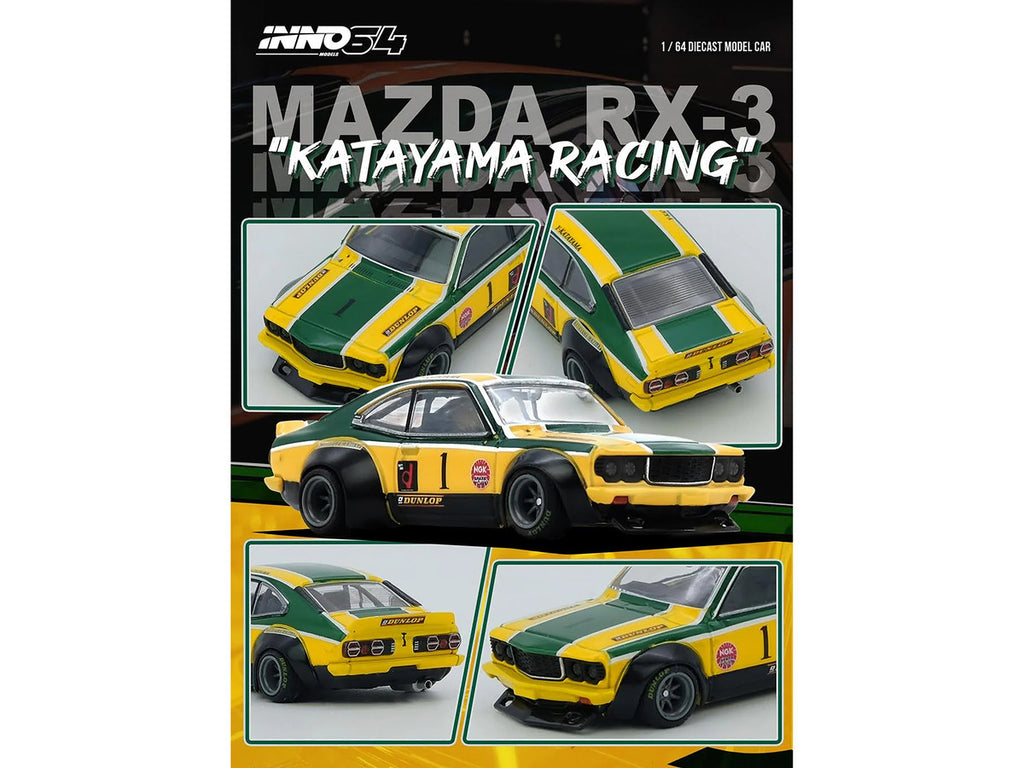 Mazda RX-3 Savanna RHD (Right Hand Drive) #1 "Katayama Racing Livery" Green and Yellow Striped 1/64 Diecast Model Car by Inno Models-1