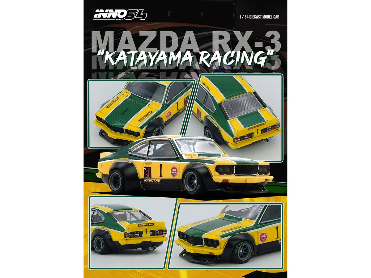 Mazda RX-3 Savanna RHD (Right Hand Drive) #1 "Katayama Racing Livery" Green and Yellow Striped 1/64 Diecast Model Car by Inno Models-1