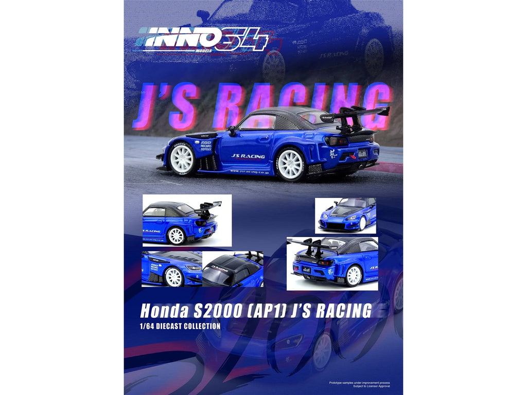 Honda S2000 RHD (Right Hand Drive) "J's Racing" Blue Metallic with Carbon Hood and Top 1/64 Diecast Model Car by Inno Models-1