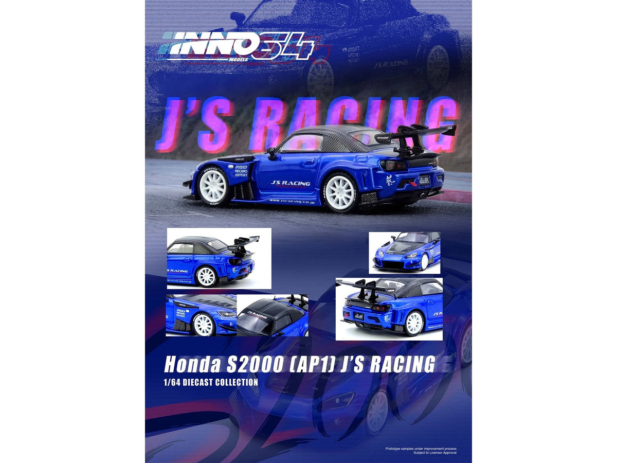 Honda S2000 RHD (Right Hand Drive) "J's Racing" Blue Metallic with Carbon Hood and Top 1/64 Diecast Model Car by Inno Models-1