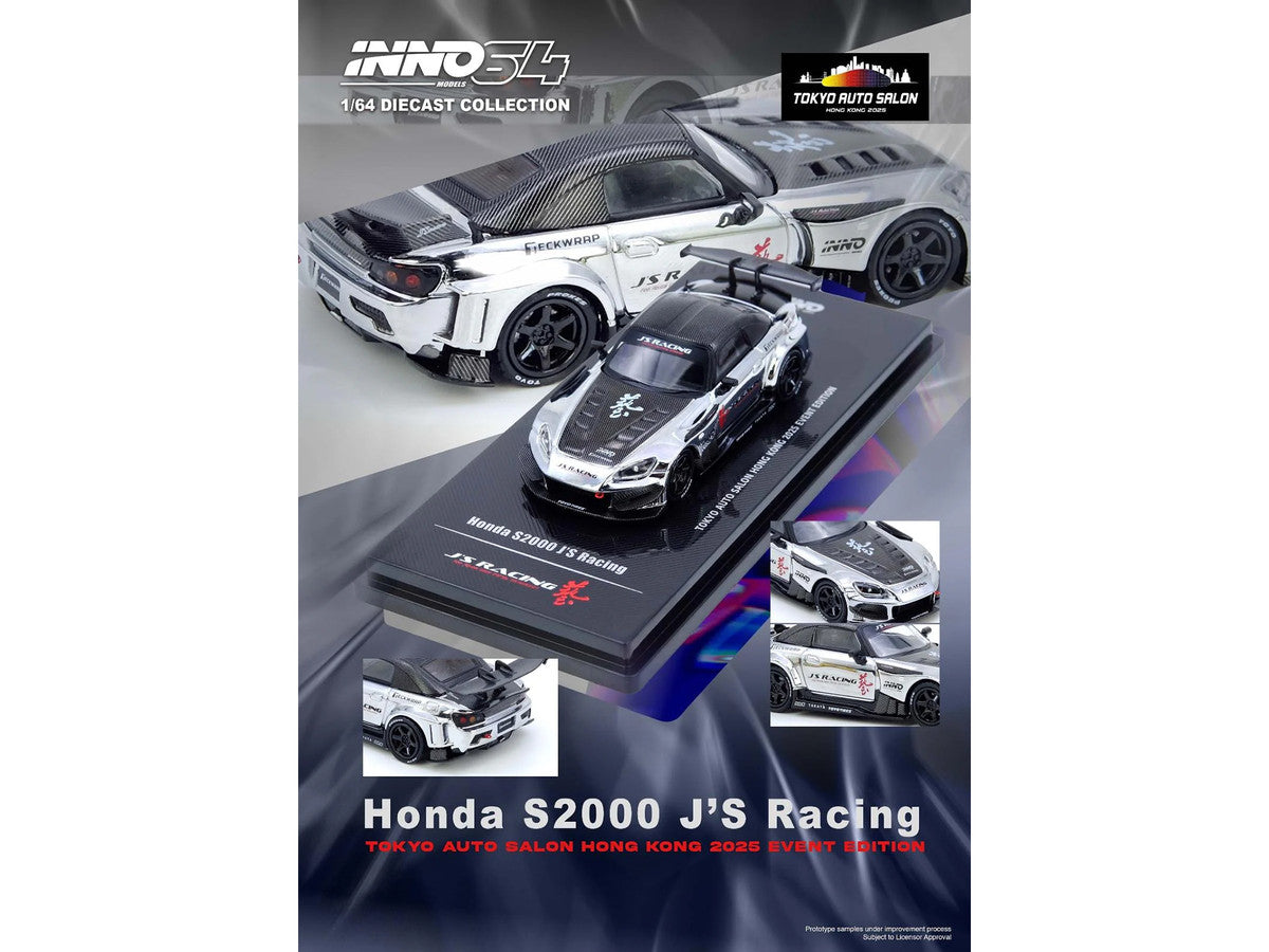 Honda S2000 RHD (Right Hand Drive) "J's Racing" Chrome Silver with Carbon Hood and Top with Graphics "Tokyo Auto Salon Hong Kong 2025 Event Edition" 1/64 Diecast Model Car by Inno Models-3
