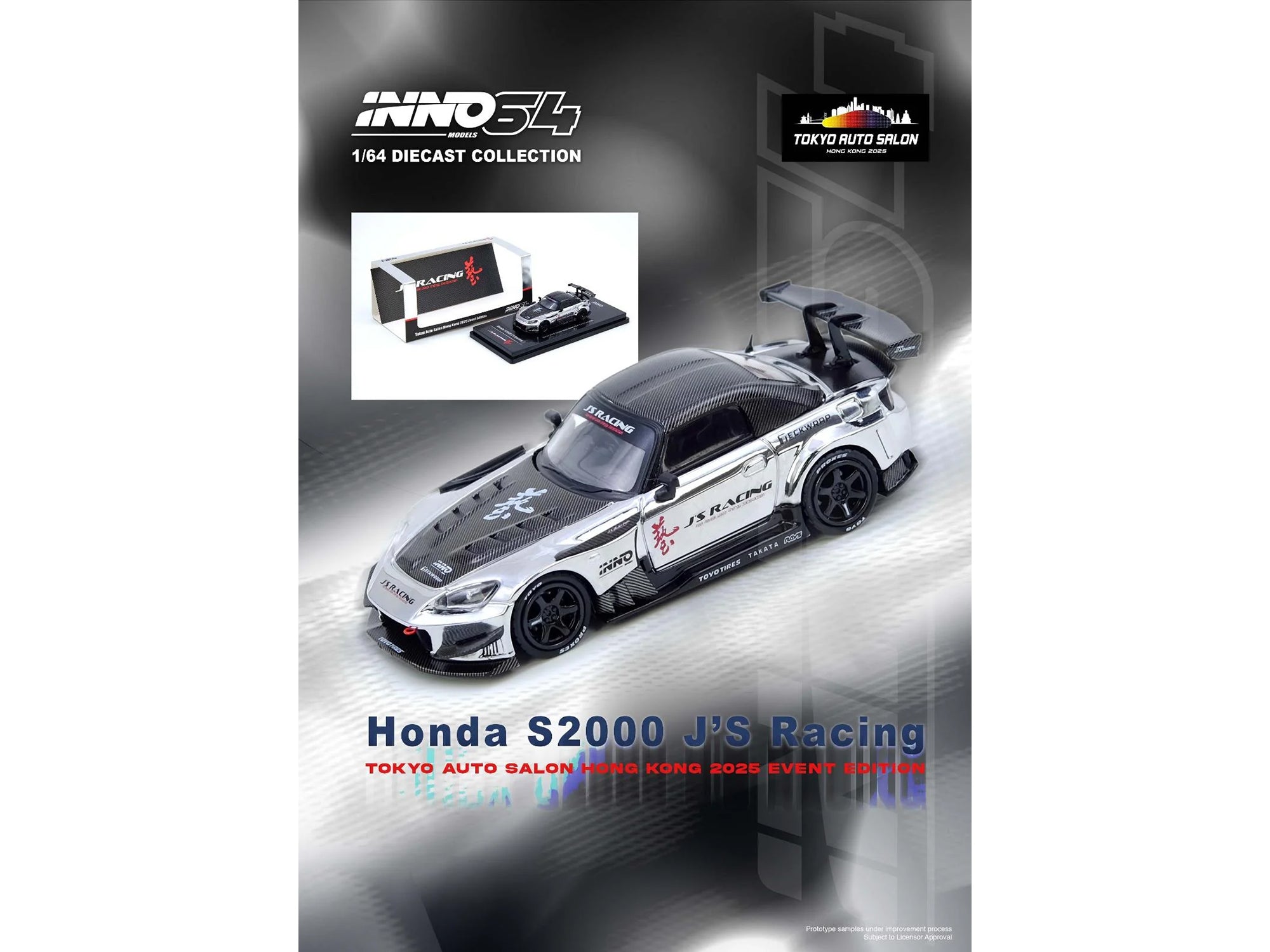 Honda S2000 RHD (Right Hand Drive) "J's Racing" Chrome Silver with Carbon Hood and Top with Graphics "Tokyo Auto Salon Hong Kong 2025 Event Edition" 1/64 Diecast Model Car by Inno Models