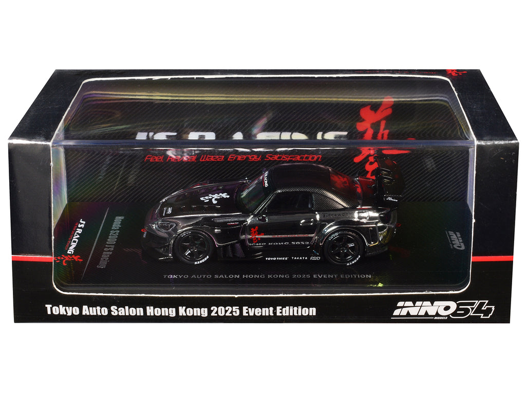 Honda S2000 RHD (Right Hand Drive) "J's Racing" Chrome Silver with Carbon Hood and Top with Graphics "Tokyo Auto Salon Hong Kong 2025 Event Edition" 1/64 Diecast Model Car by Inno Models