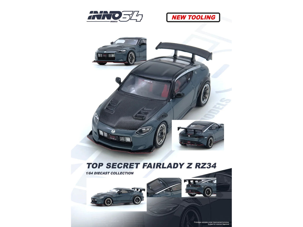 Nissan Fairlady Z "Top Secret" (RZ34) RHD (Right Hand Drive) Stealth Gray with Carbon Hood and Black Top 1/64 Diecast Model Car by Inno Models-0