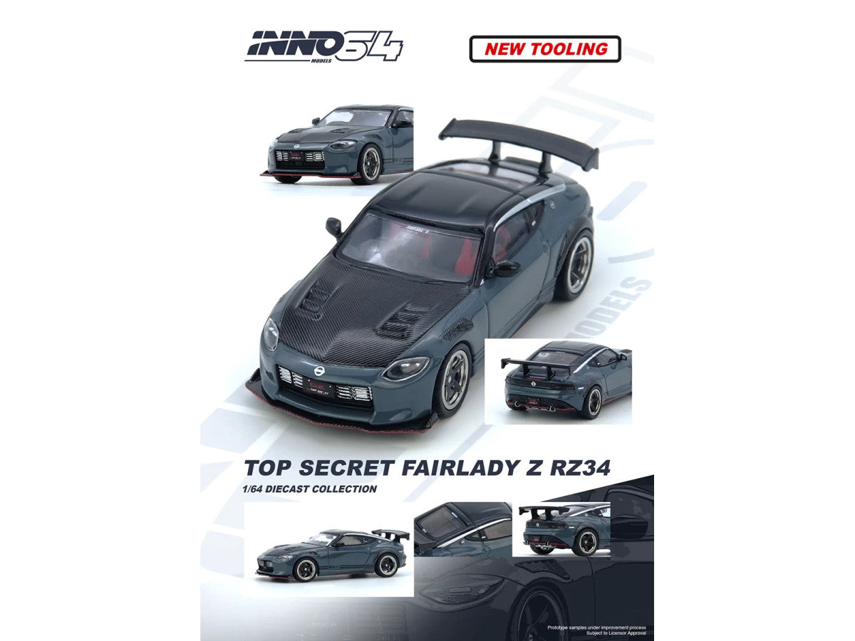 Nissan Fairlady Z "Top Secret" (RZ34) RHD (Right Hand Drive) Stealth Gray with Carbon Hood and Black Top 1/64 Diecast Model Car by Inno Models-0