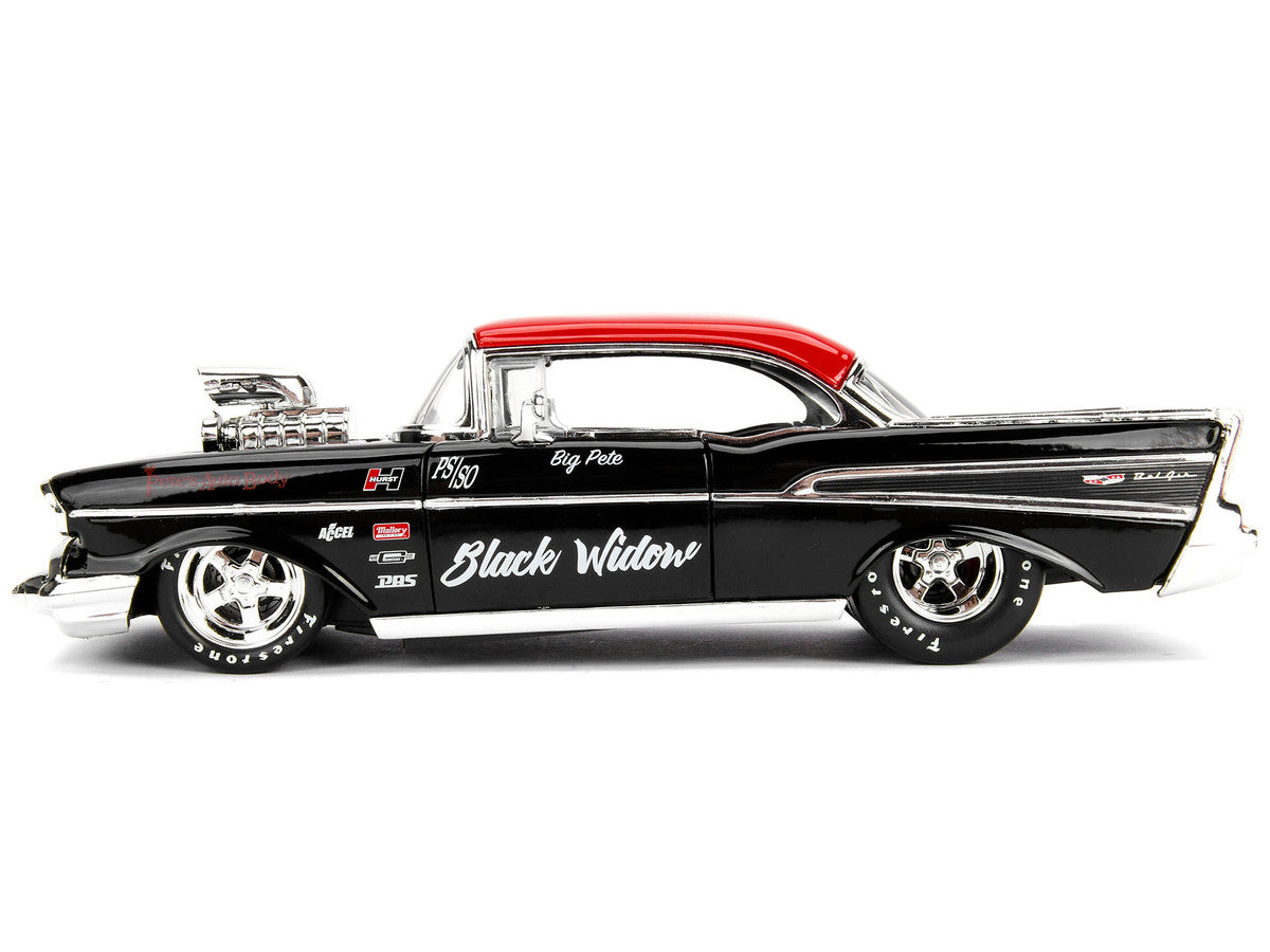 1957 Chevrolet Bel Air Black with Red Top "Pete's Auto Body: Black Widow" "Bigtime Muscle" Series 1/24 Diecast Model Car by Jada-2