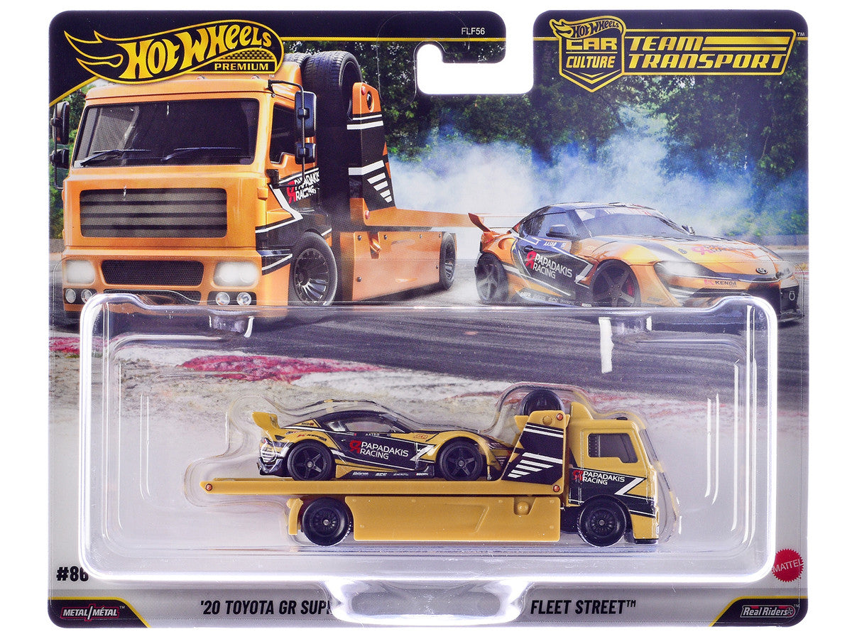 Fleet Street Flatbed Truck Yellow with Graphics and 2020 Toyota GR Supra #15 Yellow with Black Graphics "Papadakis Racing" "Team Transport - Car Culture" Series Diecast Model Cars by Hot Wheels-0