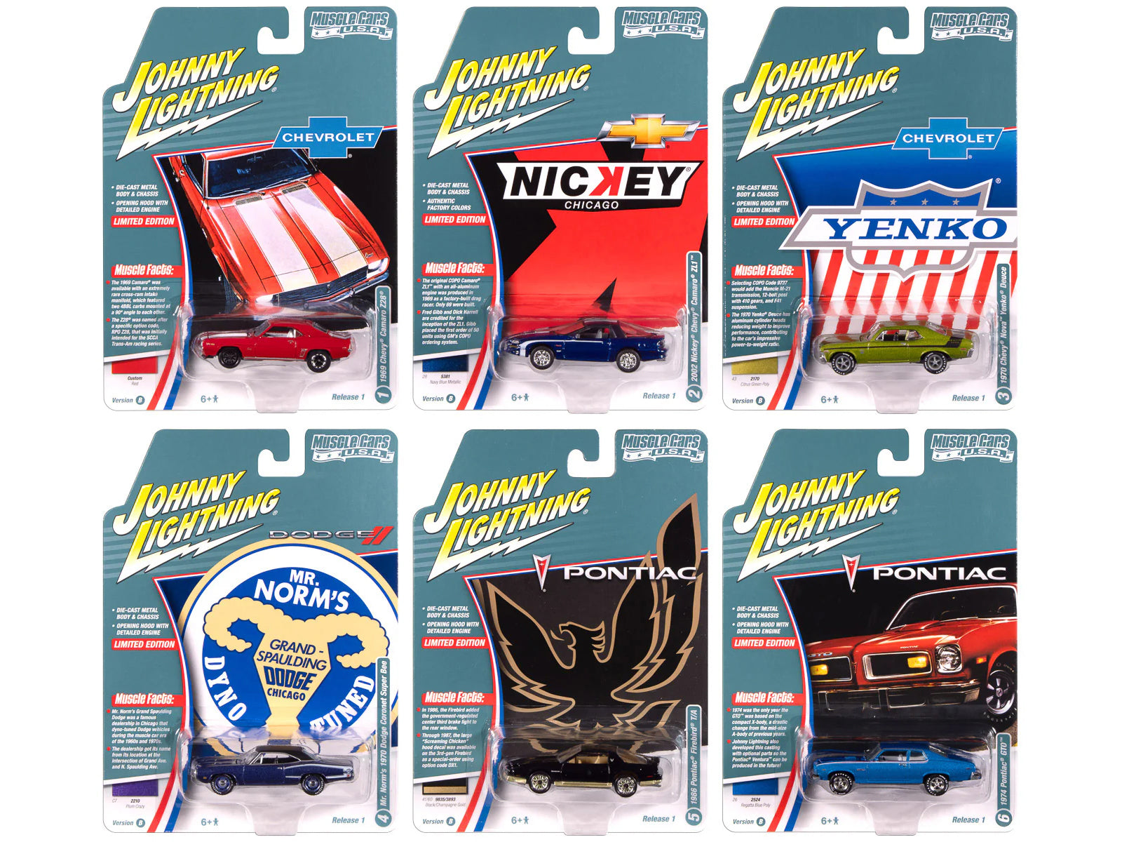 "Muscle Cars USA" 2025 Release 1 Set B of 6 pieces 1/64 Diecast Model Cars by Johnny Lightning