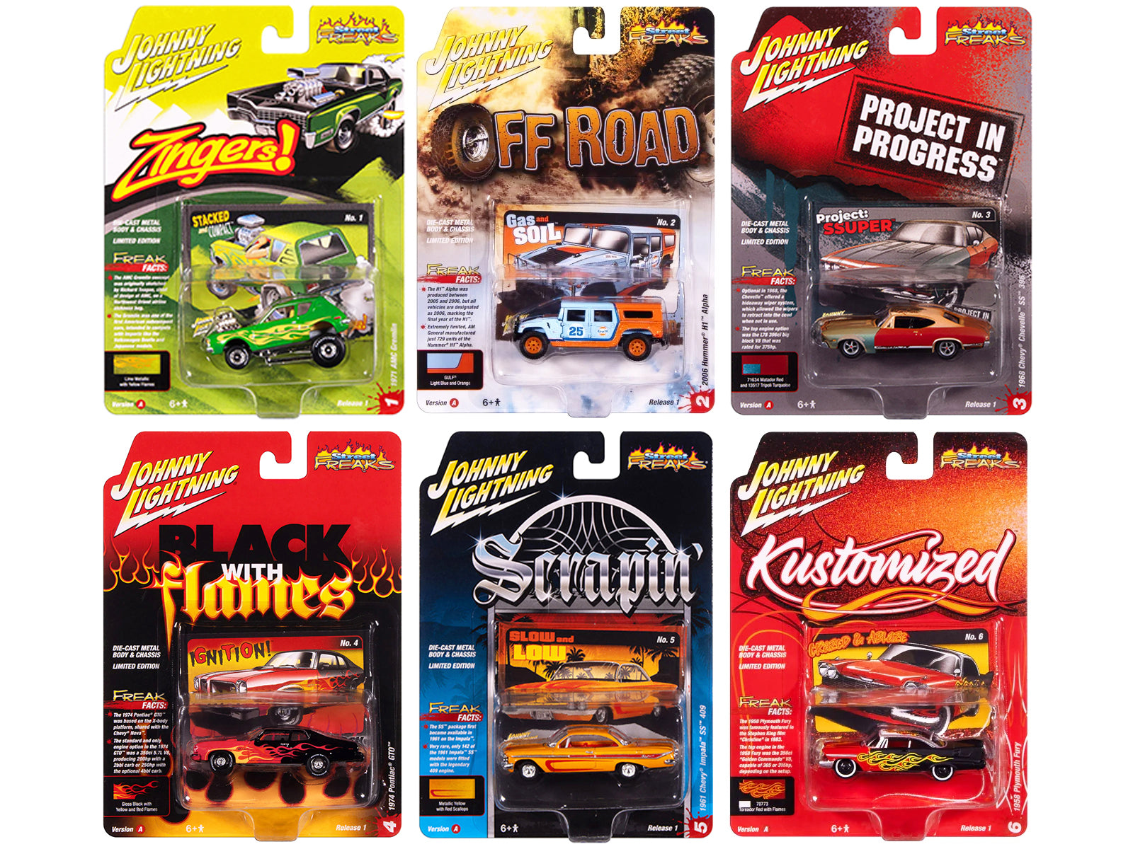 "Street Freaks" 2025 Release 1 Set A of 6 Cars 1/64 Diecast Model Cars by Johnny Lightning