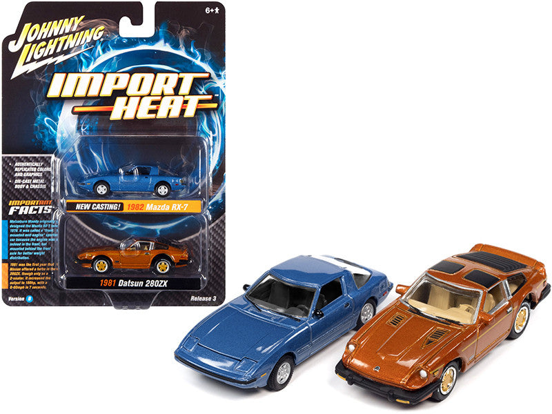 1982 Mazda RX-7 Blue Metallic and 1981 Datsun 280ZX Orange Mist Metallic "Import Heat" Set of 2 Cars 1/64 Diecast Model Cars by Johnny Lightning-0