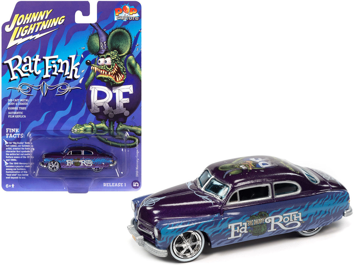 1949 Mercury Coupe Custom Purple Metallic with Graphics "Rat Fink" "Pop Culture" 2022 Release 1 1/64 Diecast Model Car by Johnny Lightning-0