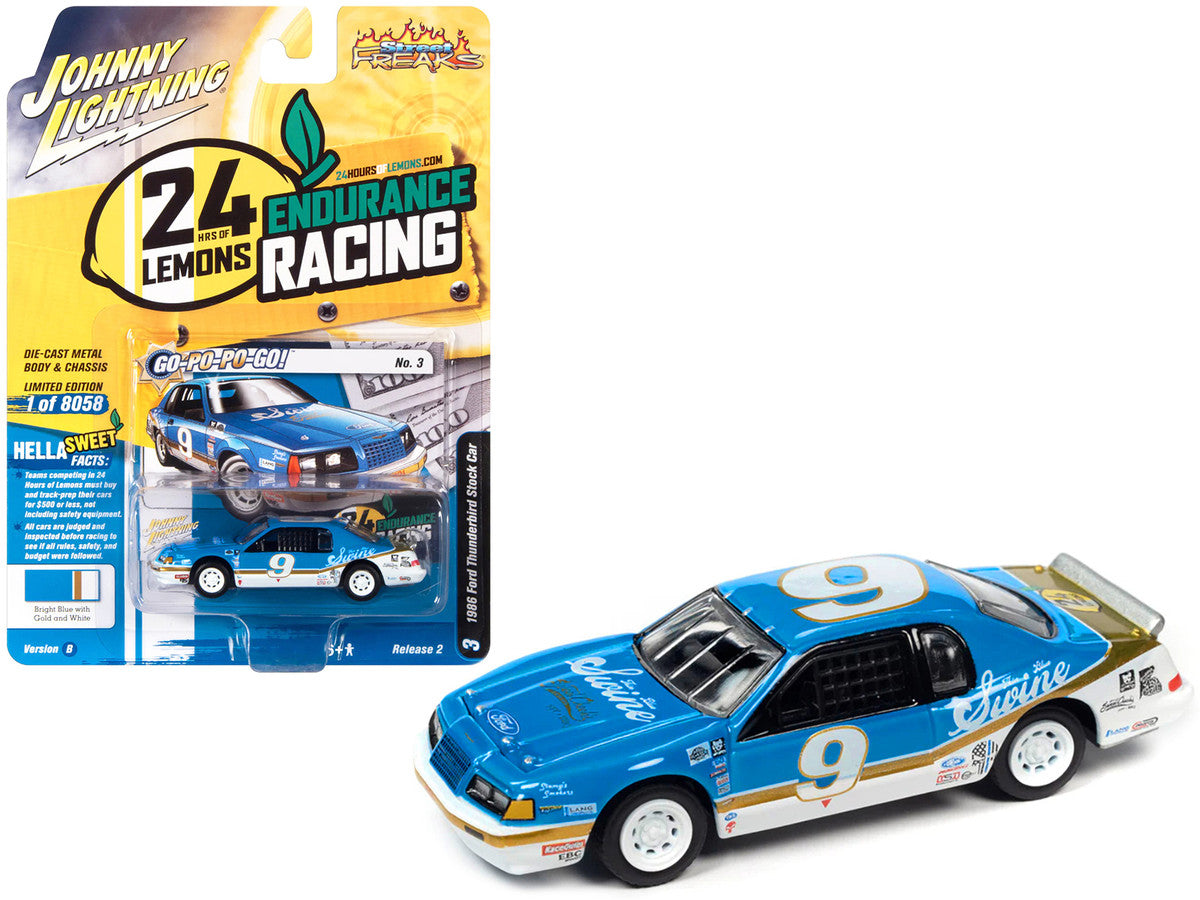1986 Ford Thunderbird Stock Car #9 Bright Blue "Go-Po-Po-Go!" 24 Hours of Lemons "Street Freaks" Series Limited Edition to 8058 pieces Worldwide 1/64 Diecast Model Car by Johnny Lightning-0