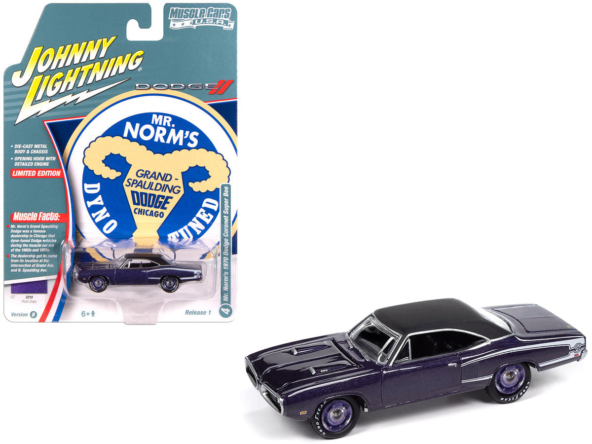 1970 Dodge Coronet Super Bee "Mr. Norm's" Plum Crazy Metallic with Black Top and White Stripes 1/64 Diecast Model Car by Johnny Lightning-2