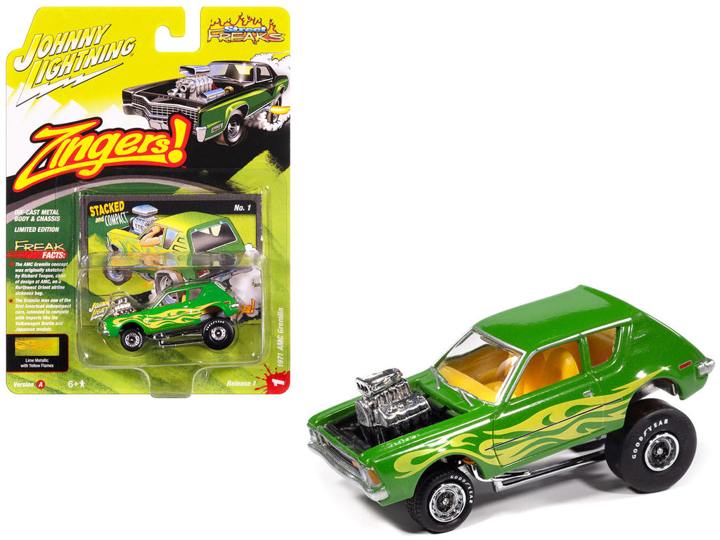 1971 AMC Gremlin Lime Green Metallic with Yellow Flames and Interior "Zingers!" Series 1/64 Diecast Model Car by Johnny Lightning-2