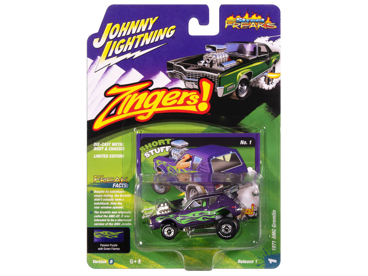 1971 AMC Gremlin Passion Purple Metallic with Green Flames and Interior "Zingers!" Series 1/64 Diecast Model Car by Johnny Lightning-1