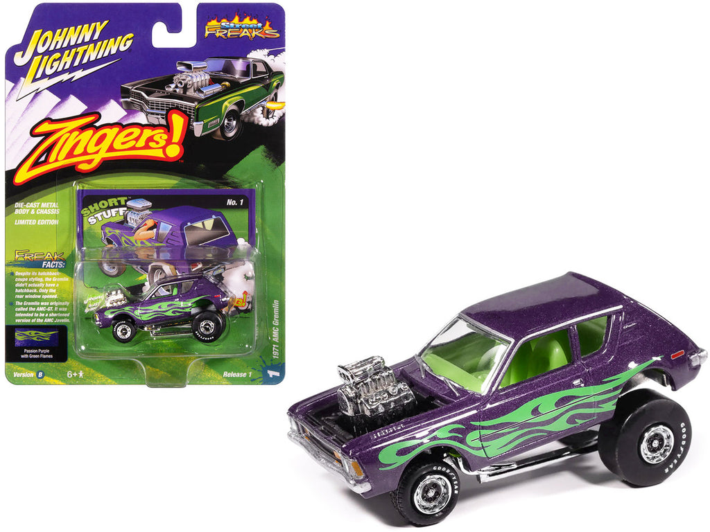 1971 AMC Gremlin Passion Purple Metallic with Green Flames and Interior "Zingers!" Series 1/64 Diecast Model Car by Johnny Lightning-2