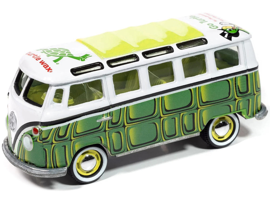 1965 Volkswagen Samba Bus "Turtle Wax" White and Green with Graphics "Pop Culture" 2025 Release 1 1/64 Diecast Model Car by Johnny Lightning-1
