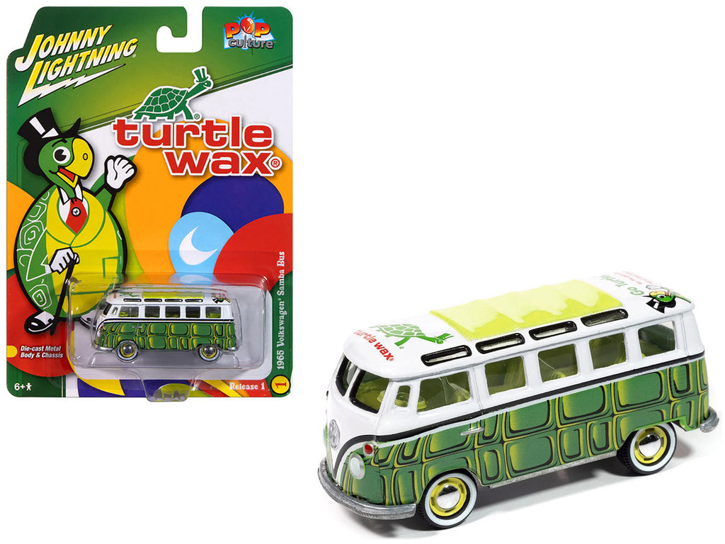 1965 Volkswagen Samba Bus "Turtle Wax" White and Green with Graphics "Pop Culture" 2025 Release 1 1/64 Diecast Model Car by Johnny Lightning-0