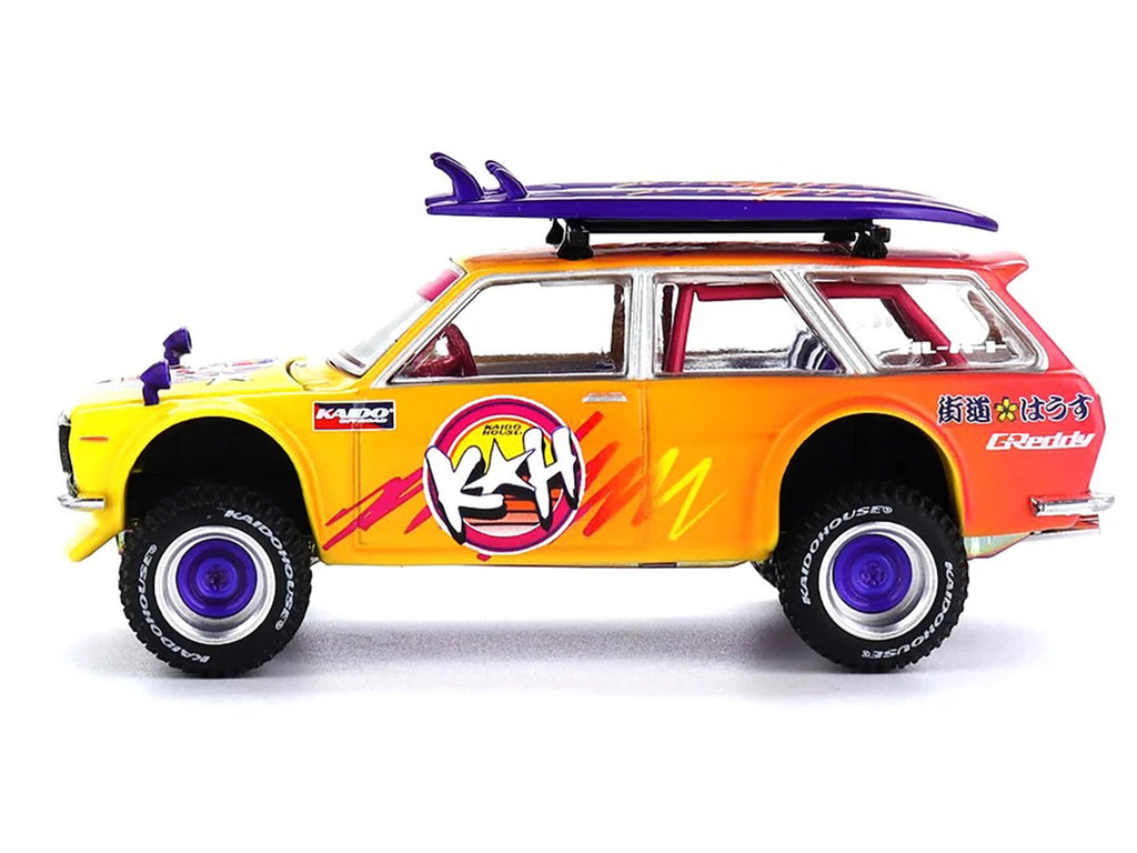 Datsun Kaido 510 Wagon 4x4 RHD (Right Hand Drive) "Kaido Islands V1" Yellow to Red Gradient with Surfboards (Designed by Jun Imai) "Kaido House" Special 1/64 Diecast Model Car by Mini GT-0