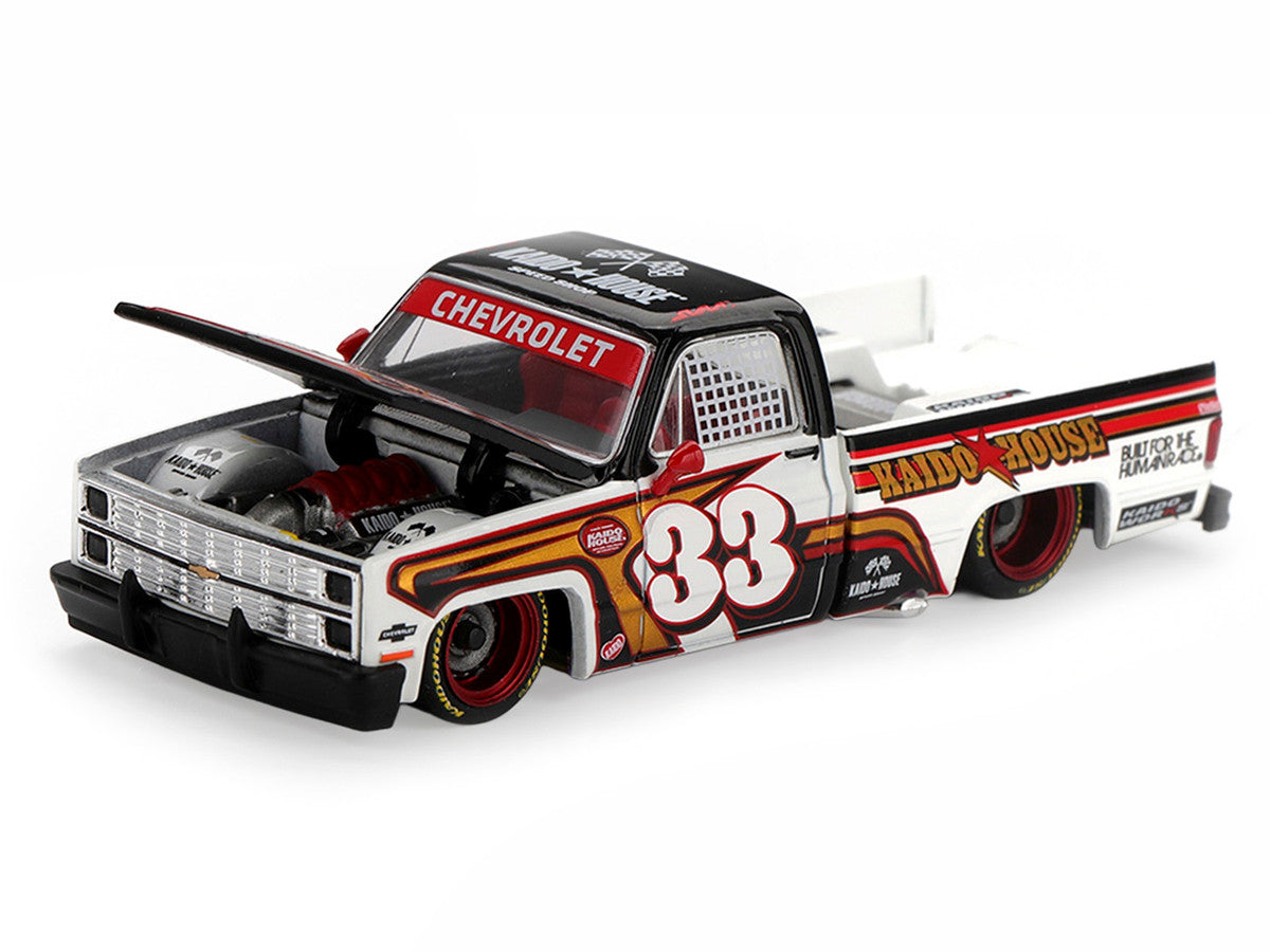 Chevrolet Silverado Pickup Truck #33 "Kaido Intimidator V1" White and Black with Graphics (Designed by Jun Imai) "Kaido House" Special 1/64 Diecast Model Car by Mini GT-0