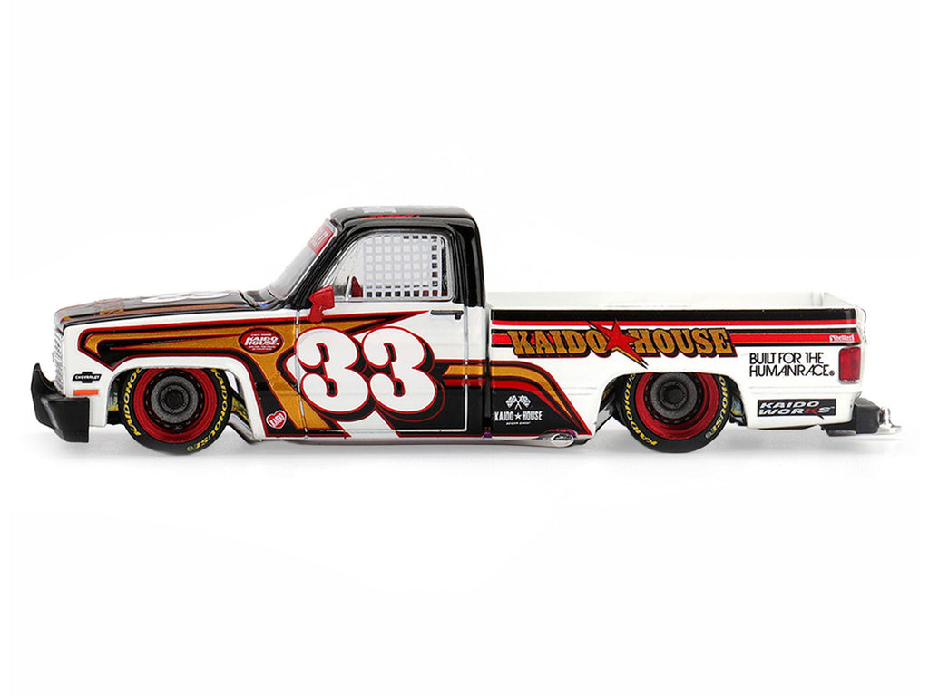 Chevrolet Silverado Pickup Truck #33 "Kaido Intimidator V1" White and Black with Graphics (Designed by Jun Imai) "Kaido House" Special 1/64 Diecast Model Car by Mini GT-1