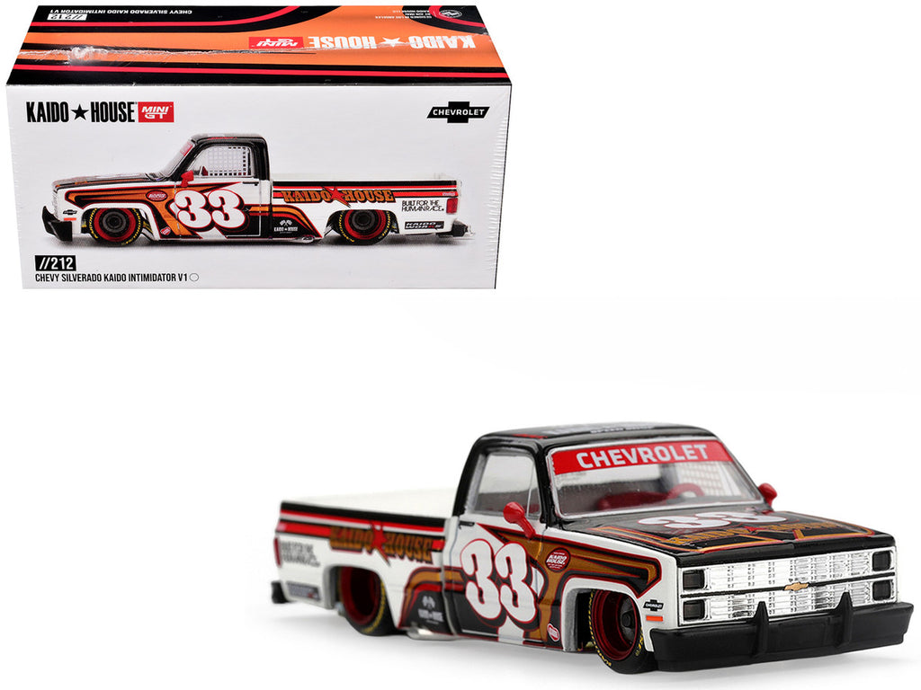 Chevrolet Silverado Pickup Truck #33 "Kaido Intimidator V1" White and Black with Graphics (Designed by Jun Imai) "Kaido House" Special 1/64 Diecast Model Car by Mini GT-4