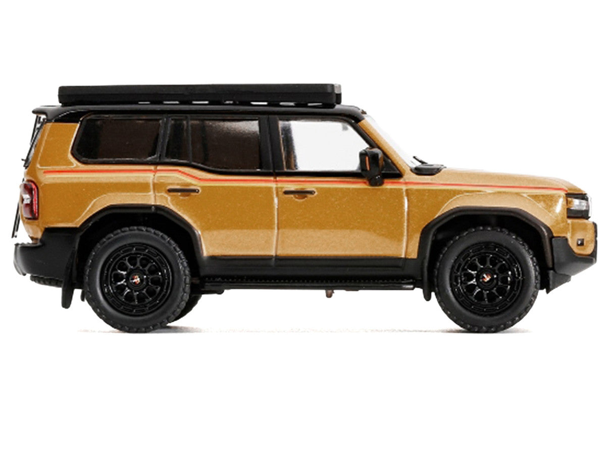 2024 Toyota Land Cruiser Prado Gold Metallic with Red Stripes and Roof Rack 1/64 Diecast Model Car by GCD-2