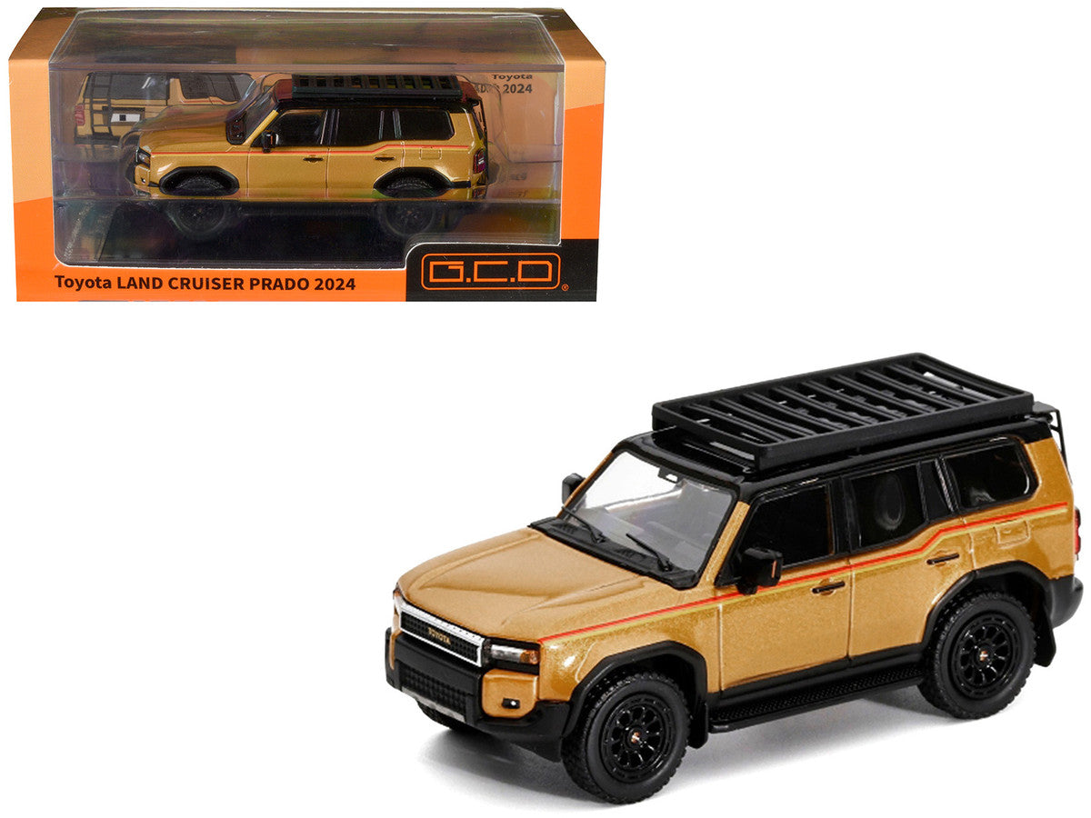 2024 Toyota Land Cruiser Prado Gold Metallic with Red Stripes and Roof Rack 1/64 Diecast Model Car by GCD-0
