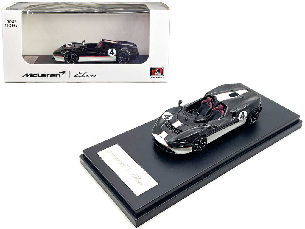 McLaren Elva Convertible #4 Carbon Black with White and Red Stripes 1/64 Diecast Model Car by LCD Models-0