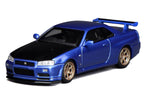 Nissan Skyline GT-R (R34) V-Spec II RHD (Right Hand Drive) Bayside Blue Metallic with Carbon Hood "Senior 64" Series 1/64 Diecast Model Car by MotorHelix-1