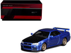 Nissan Skyline GT-R (R34) V-Spec II RHD (Right Hand Drive) Bayside Blue Metallic with Carbon Hood "Senior 64" Series 1/64 Diecast Model Car by MotorHelix-0